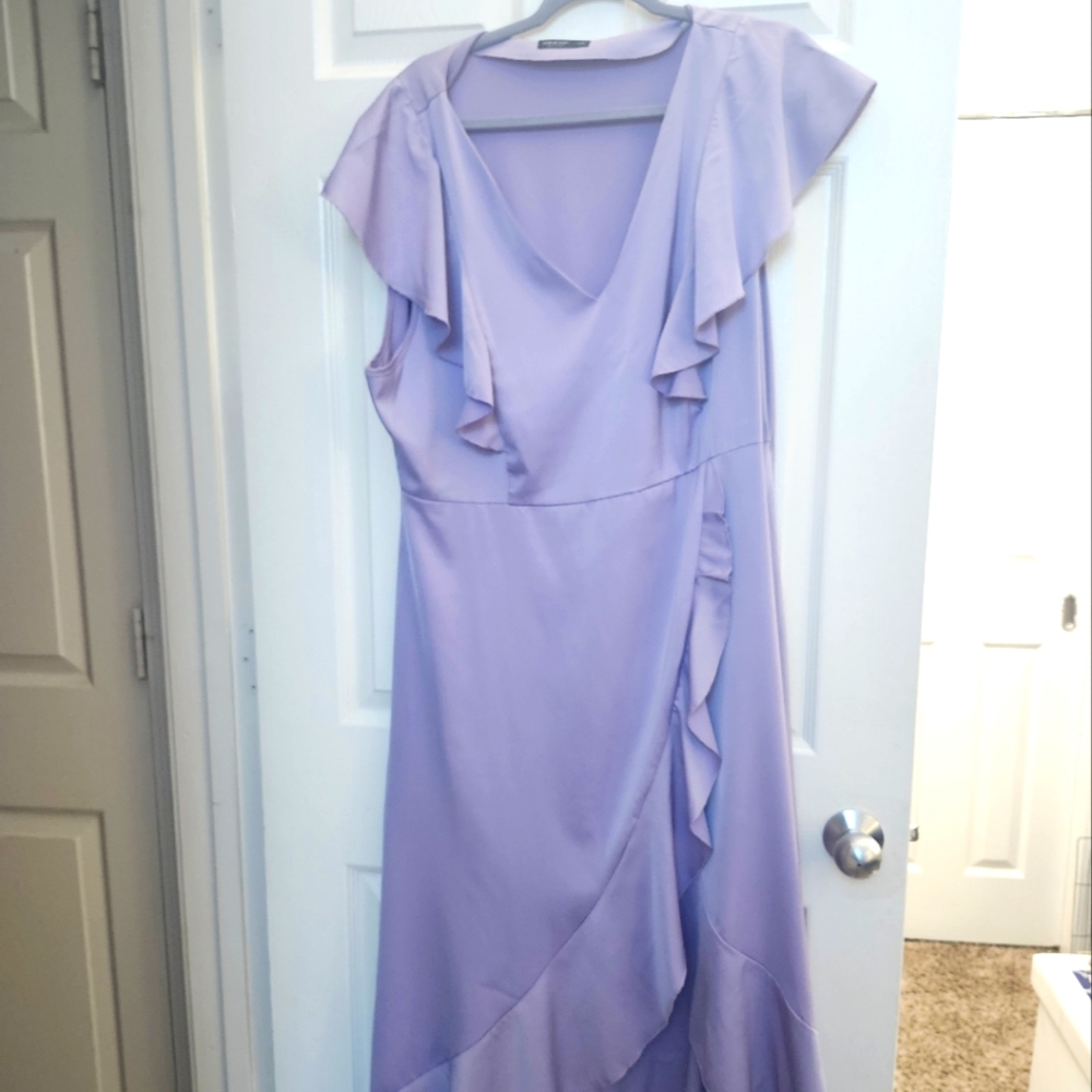 Purple Asymmetrical Wrap Sundress with Flutter Sleeves